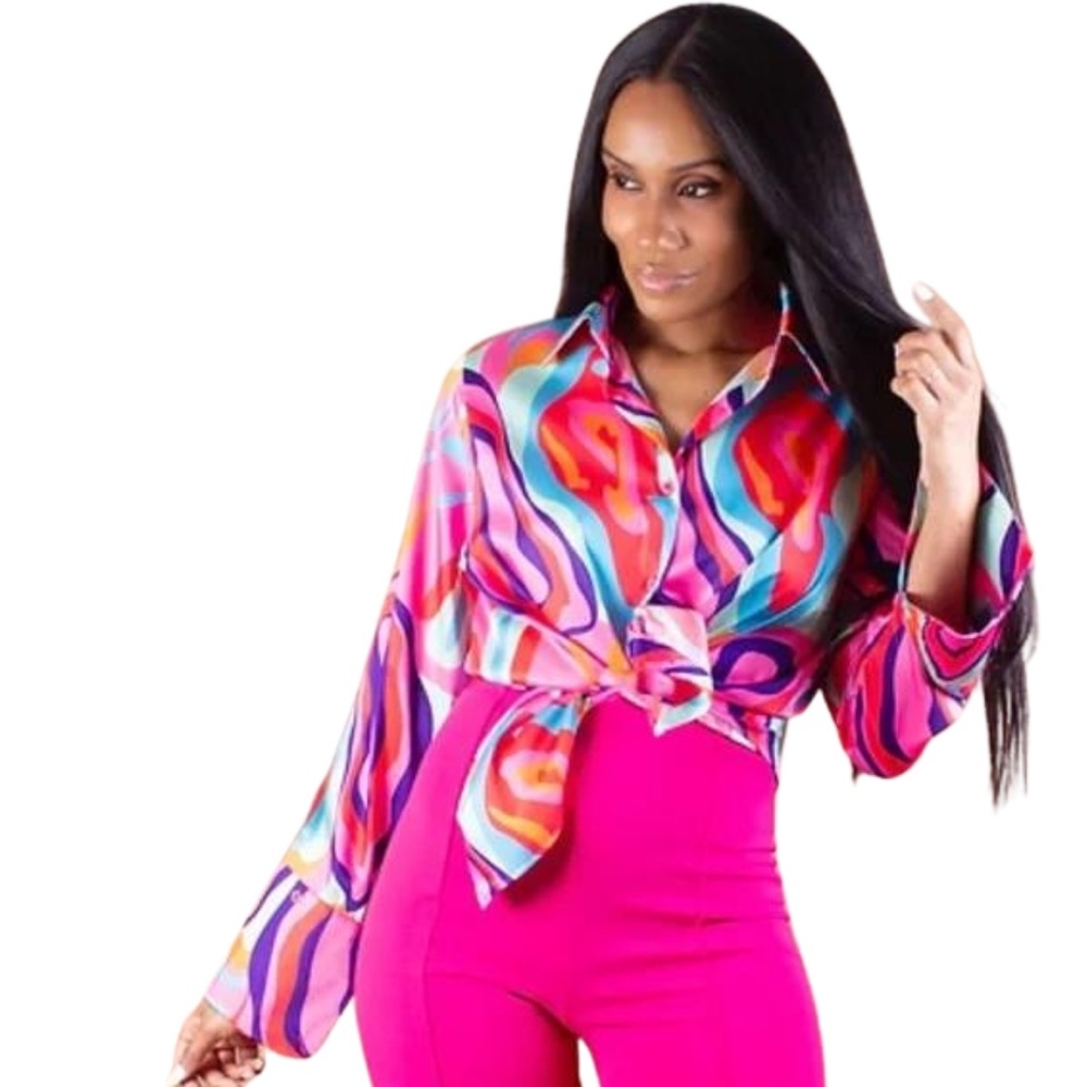 Sunday Up Groovy long sleeve bright retro blouse - size Medium